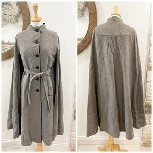 Vintage Glamorous Gemini Long Wool Cape Gray Velvet Trim Coat